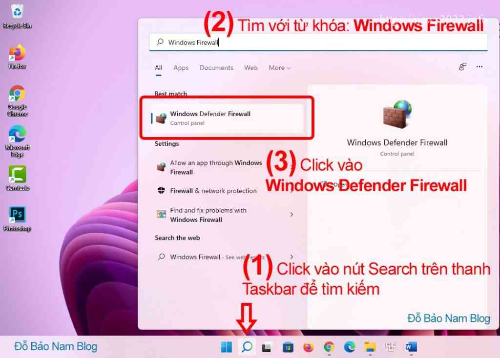 Mở Windows Defender Firewall từ thanh taskbar